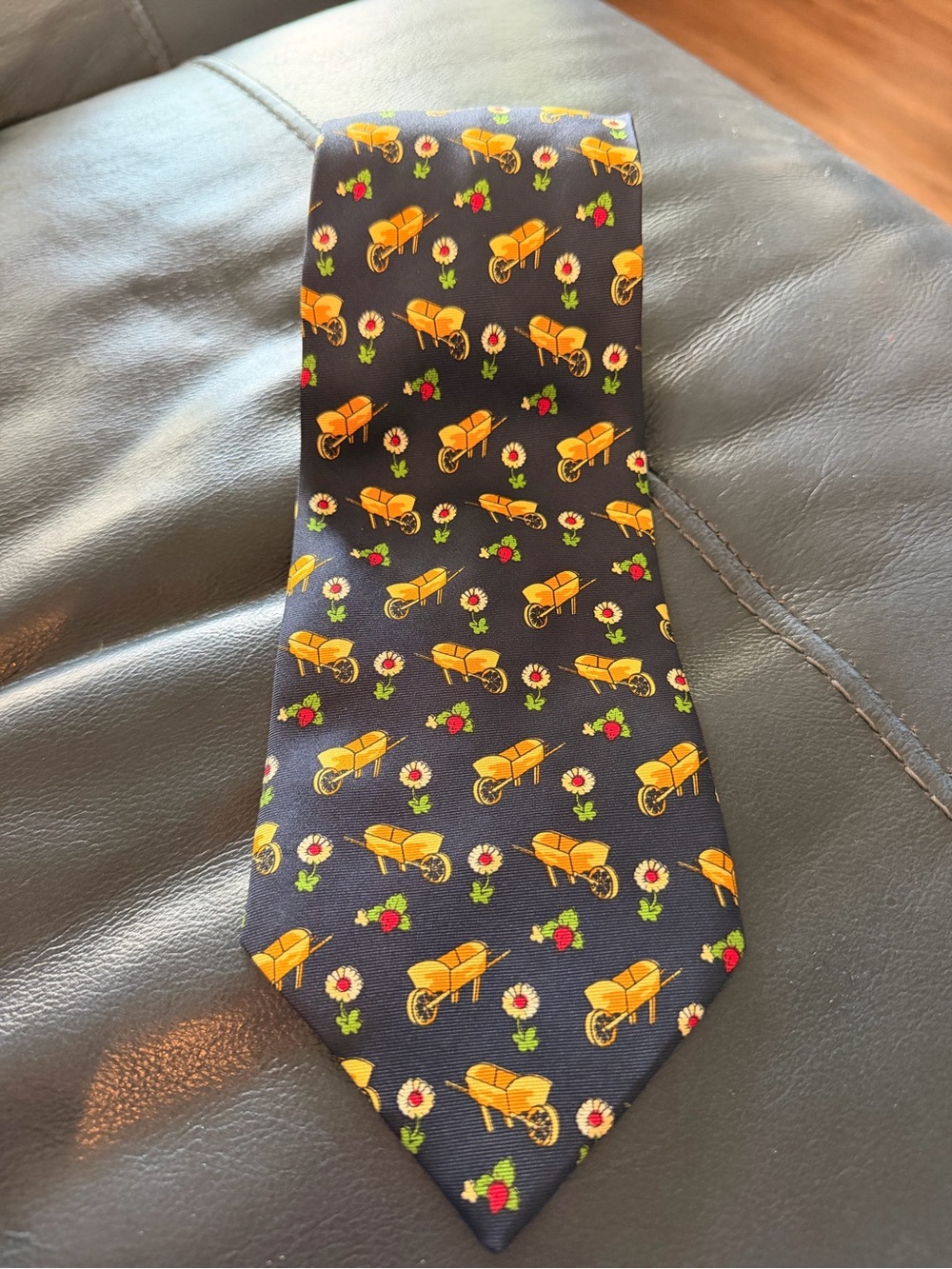 Burberry Navy Tie with Yellow Wheelbarrow & Red Floral Motif